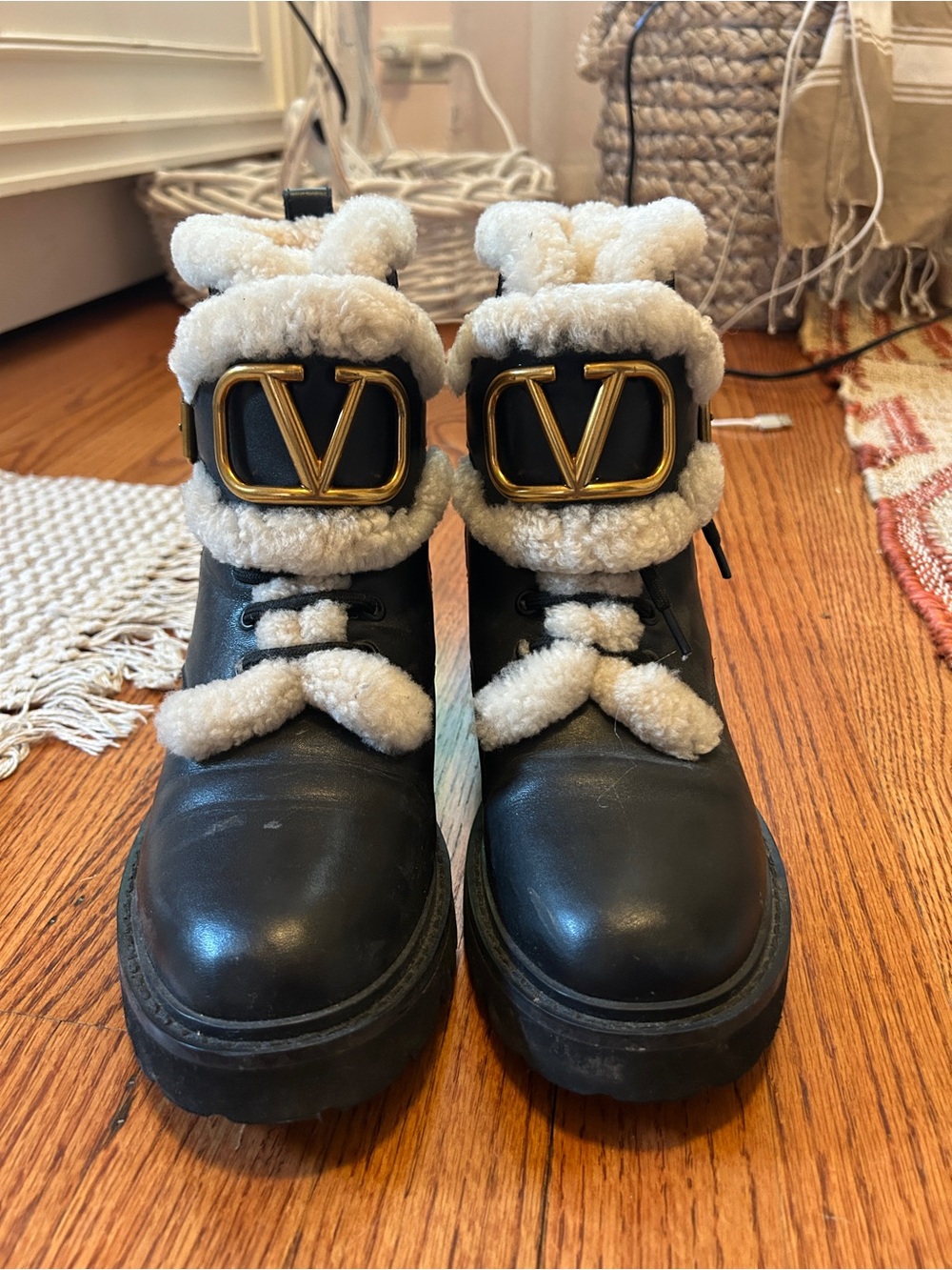 Designer inspired Black Leather Winter Boots with Ivory Shearling Trim